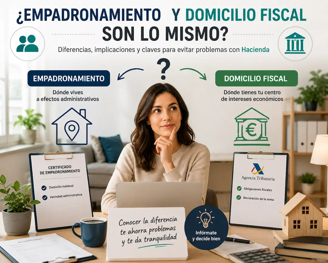 Comparativa entre empadronamiento y domicilio fiscal con documentación administrativa y trámites relacionados con Hacienda y vivienda