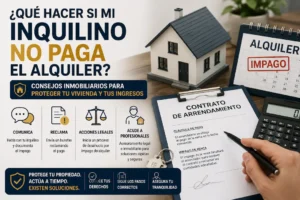 Propietario gestionando el impago de alquiler de un inquilino con contrato, vivienda y reclamación legal sobre la mesa