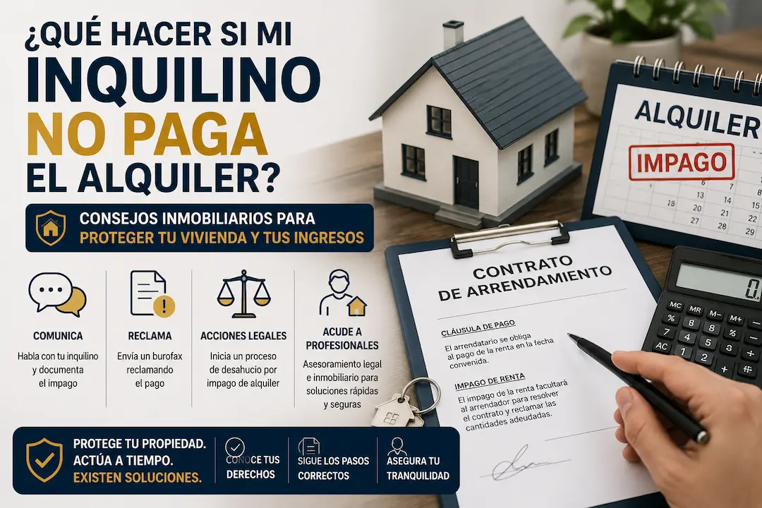 Propietario gestionando el impago de alquiler de un inquilino con contrato, vivienda y reclamación legal sobre la mesa